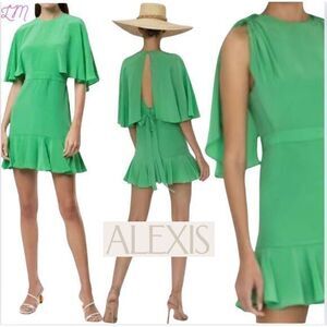 ALEXIS Tensia Silk Flutter Cape Sleeve Mini Dress Kelly Green Size‎ Small